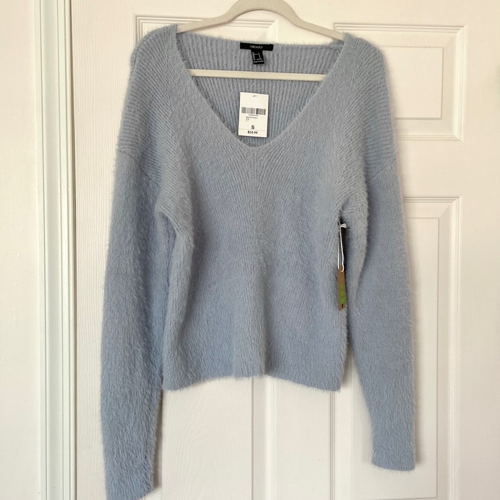 Host Pick 🎉 NWT Forever 21 Light Blue Faux-Fur V-Neck Oversized Sweater